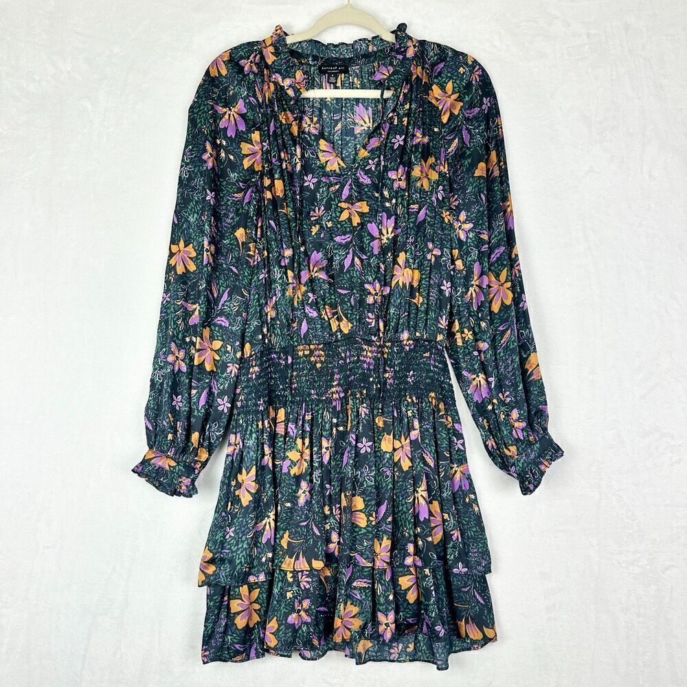 Current Air Floral Tiered Ruffle Mini Dress Size Small Smock Waist Cottage Boho - Picture 2 of 8